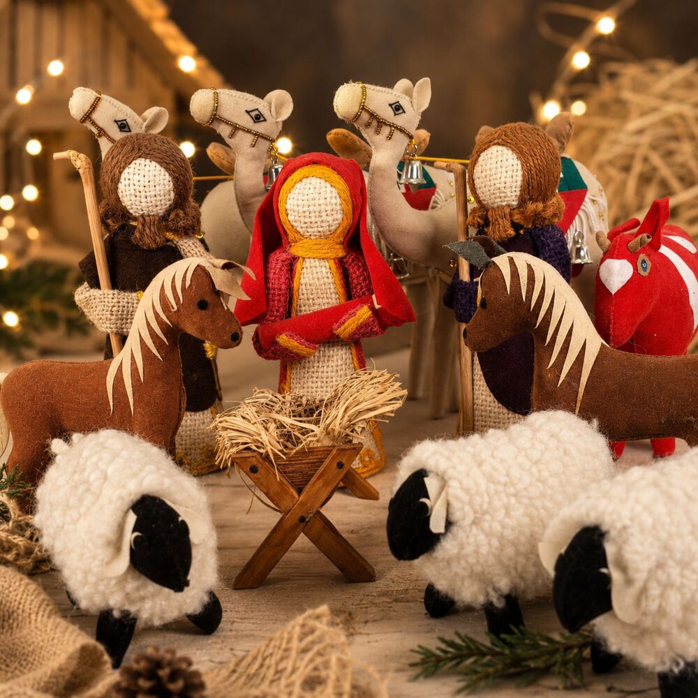 Vintage Felted Nativity Set 13 Pc Burlap Material Sheep Camels